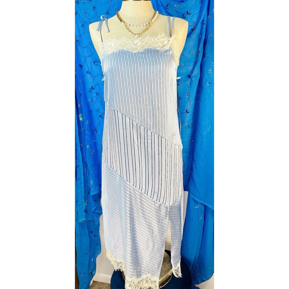 NWT Future Collective Blue White Stripe Lace Trim Slip Dress Coquette Tie Strap